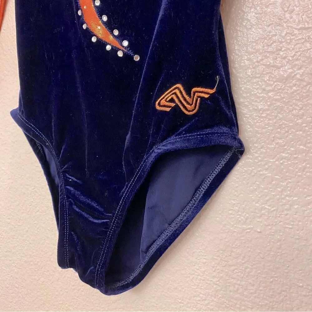 Alpha Factor Gymnastics Competition Leotard 3/4 rhinestone orange blue velvet CL